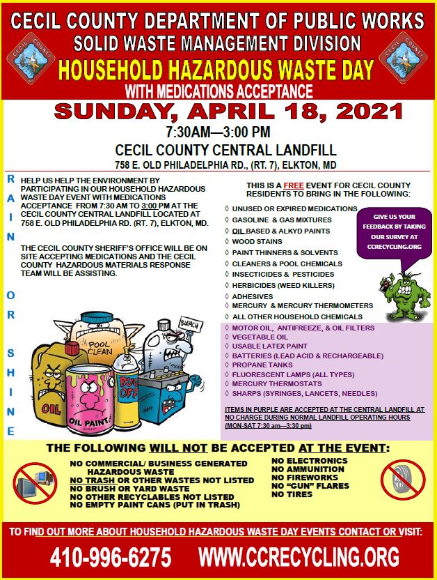Flyer from Cecil County Central Landfill regarding Household Hazardous Waste Day