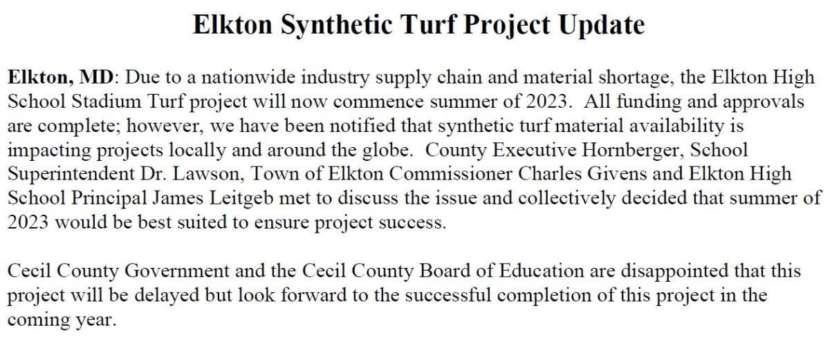 Cecil County Government Project Update - EHS Synthetic Turf Project