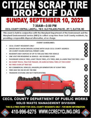Citizen scrap tire drop off day 09/10/2023 Cecil County Landfill